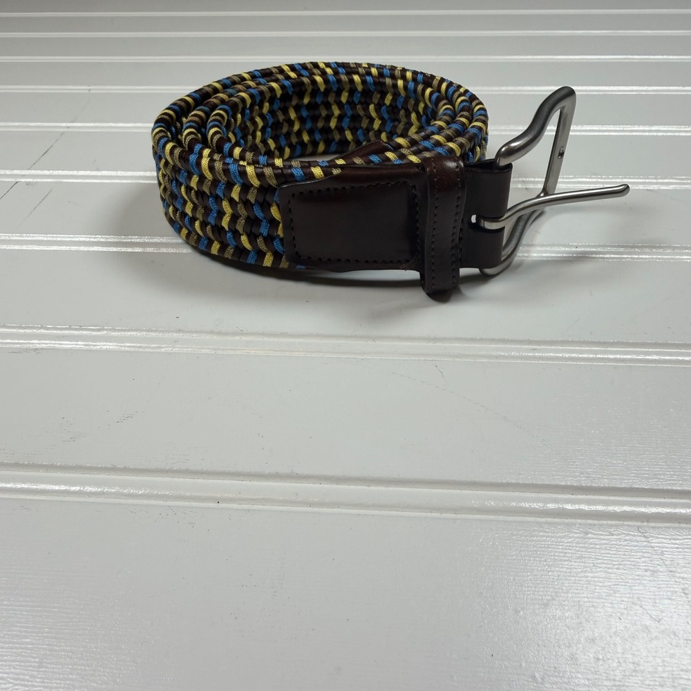 Torino Mens Braided Belt‎ Brown Blue Yellow Woven Leather Trim Made in USA 34-36